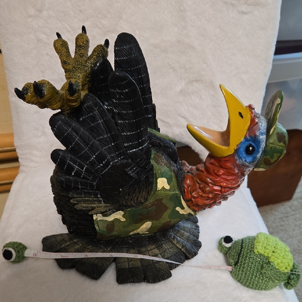Camouflage Turkey Figurine Wine Bottle Holder with Black and Yellow Accents